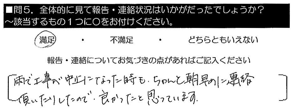 雨で工事が中止になった時もちゃんと朝早めに連絡頂いたりしていたので、良かった。