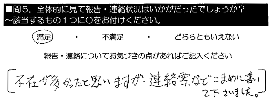 不在が多かったと思いますが、連絡表などこまめに書いてくださいました。