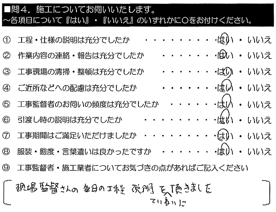 現場監督さんの毎日の工程説明をていねいに頂きました。