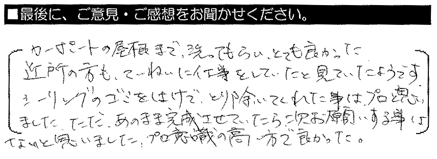 カーポートの屋根まで洗ってもらいとても良かった。近所の方もていねいに仕事をしていたと見ていたようです。