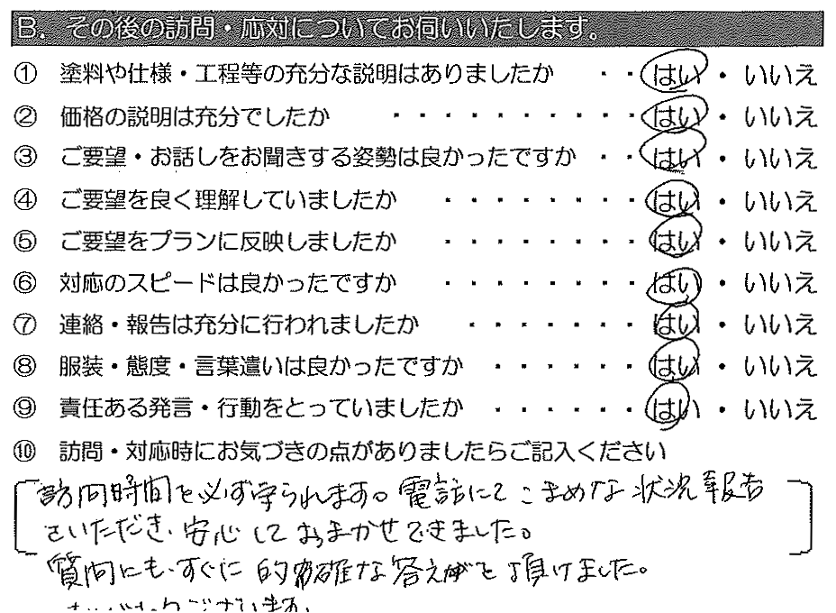 訪問時間を必ず守られますy。電話にてこまめな状況報告をいただき、安心しておまかせできました。