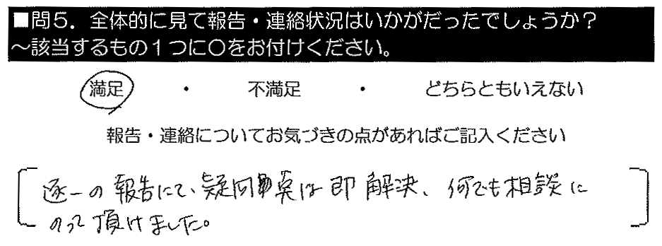 報告にて疑問点は即解決、何でも相談にのって頂けました。