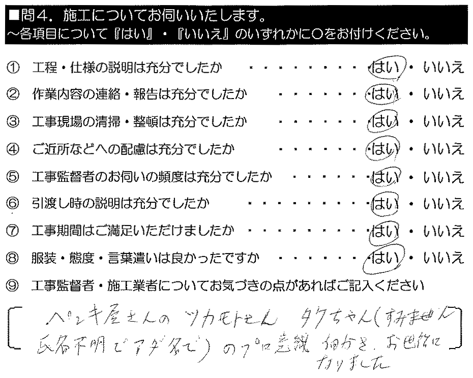 ペンキ屋さんの塚本さん、タケちゃん（すみません。氏名不明でアダ名で）のプロ意識・細かさ、お世話になりました。