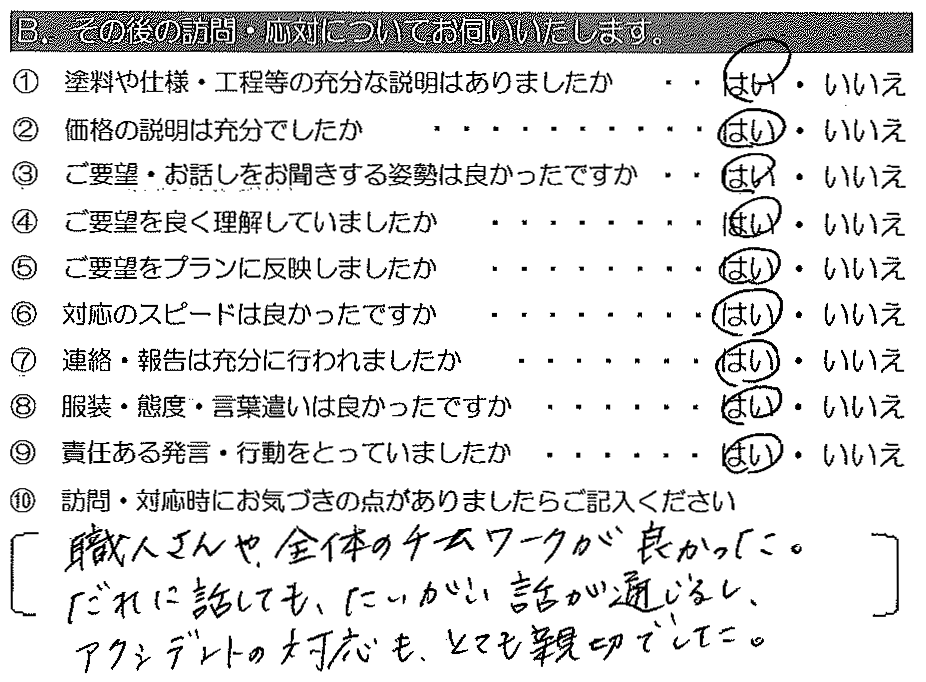 職人さんや全体のチームワークが良かった。たれに話しても