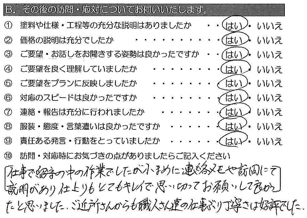 仕事で留守の中の作業でしたが、小まめに連絡メモや訪問にて