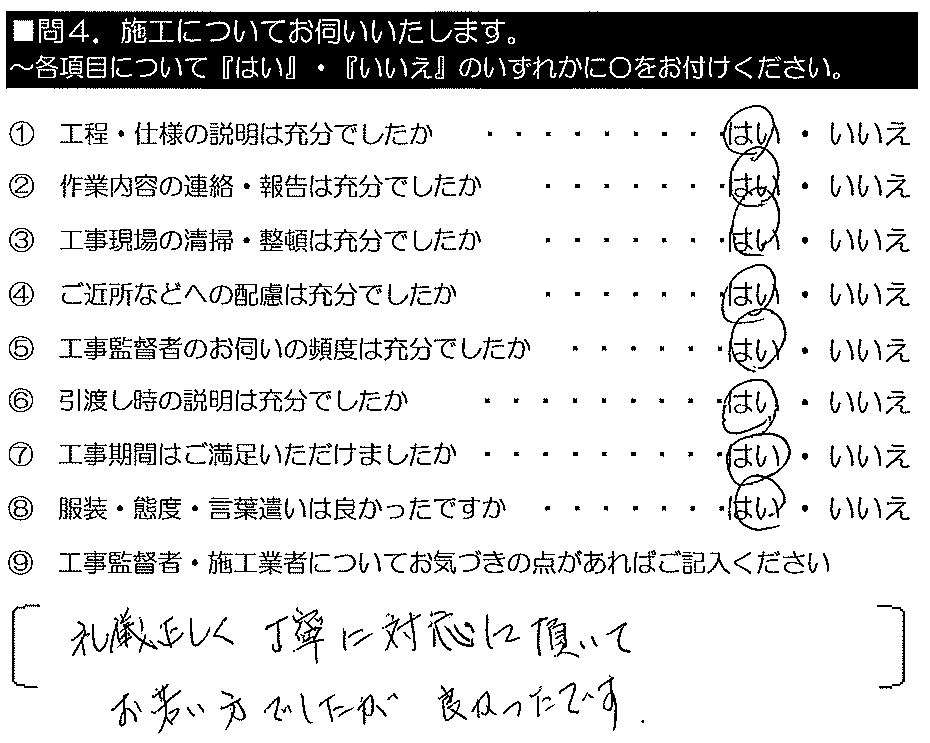 礼儀正しく丁寧に対応して頂いて、お若い方でしたが良かったです。