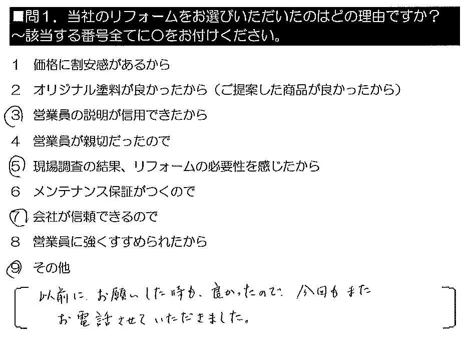 以前にお願いした時も良かったので、今回もまたお電話