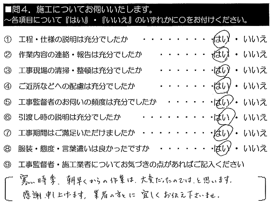 寒い時期、朝早くからの作業は大変だったのでは、と思います。