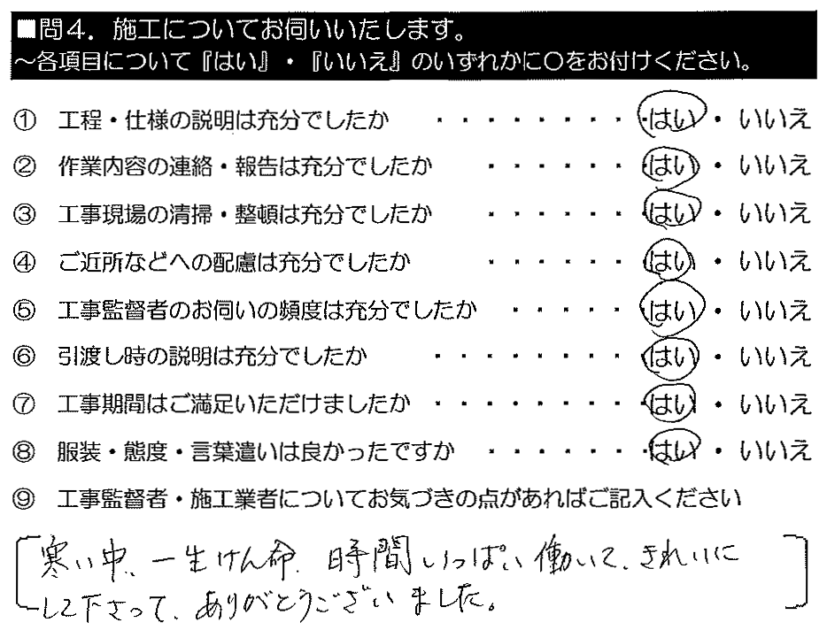 寒い中、一生懸命時間いっぱい働いて、きれいにして下さってありがとうございました。