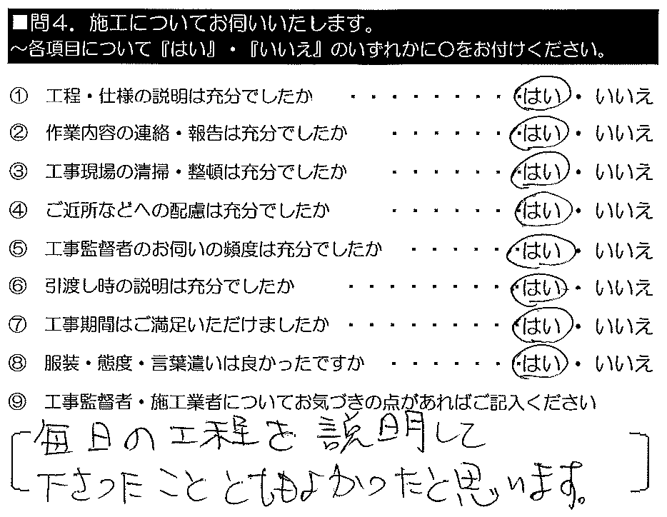 毎日の工程を説明して下さったこと、とてもよかったと思います。