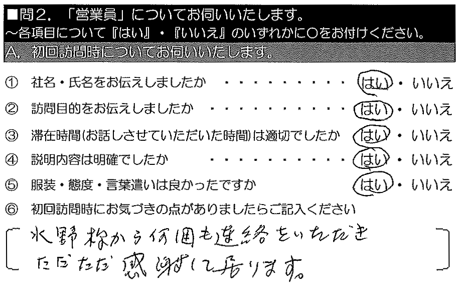 水野様から何回も連絡をいただき、ただただ感謝しております。