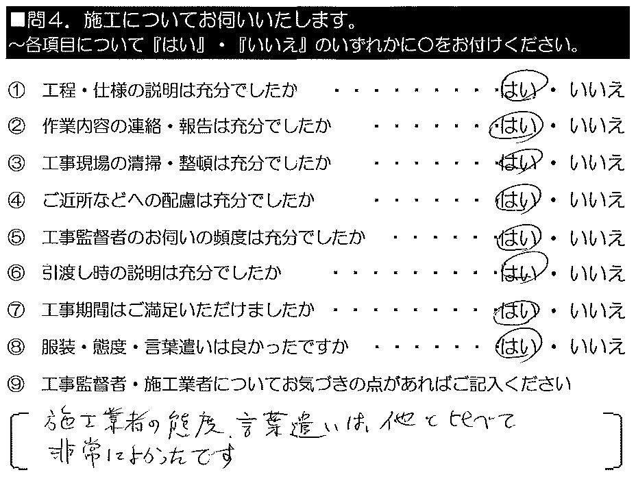 施工業者の態度・言葉遣いは、他と比べて非常によかったです。