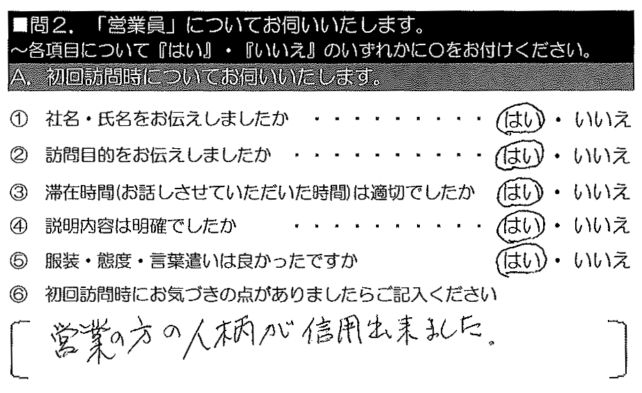 営業の方の人柄が信用出来ました。