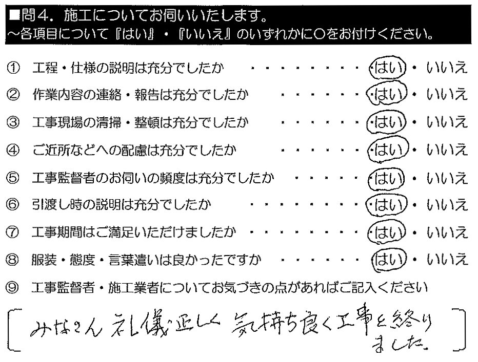 みなさん礼儀正しく、気持ちよく工事を終わりました。