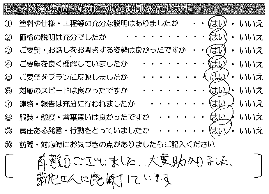 有難うございました。大変助かりました。菊地さんに感謝しています。