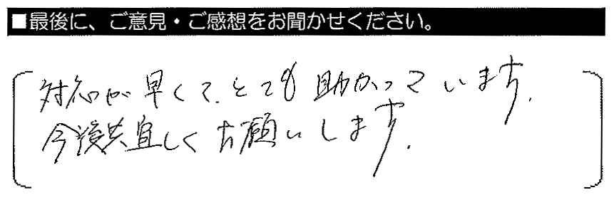 対応が早くとても助かっています。今後とも宜しくお願いします。