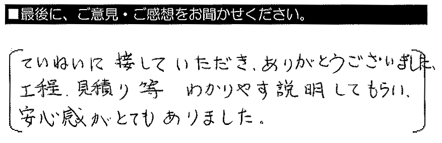 ていねいに接していただきありがとうございました。工程・見積り