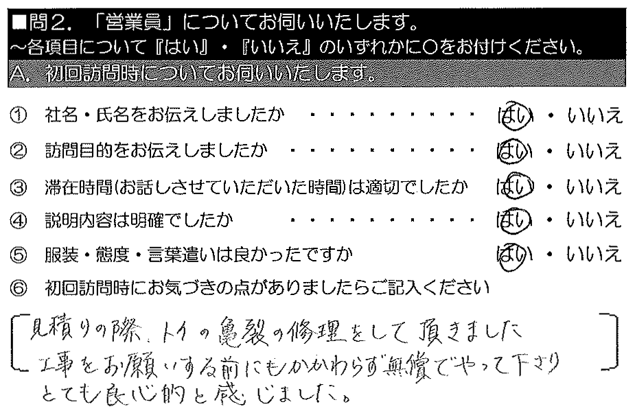 見積りの歳、の亀裂の修理をして頂きました。工事をお願いする前にもかからず無償でやってくださり、とても良心的と感じました。