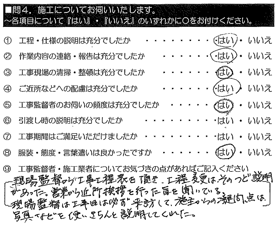 現場監督から工事工程表を頂き、工程変更はそのつど説明があった。