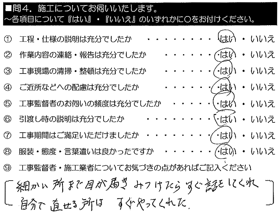 細かい所まで目が届き、みつけたらすぐ話しをしてくれ自分直せる所はすぐやってくれた。