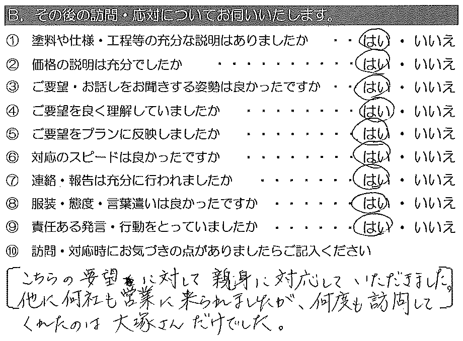 こちらの要望に対して親身に対応していただきました。他にも何社も営業にこられましたが、何度も訪問してくれたのは大塚さんだけでした。