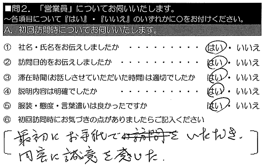 最初にお手紙をいただき、内容に誠意を感じた。