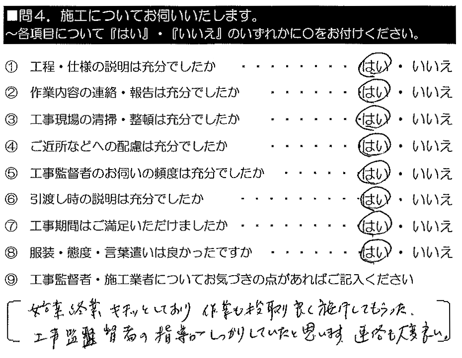 始業終業キチッとしており、作業も段取り良く施工してもらった。