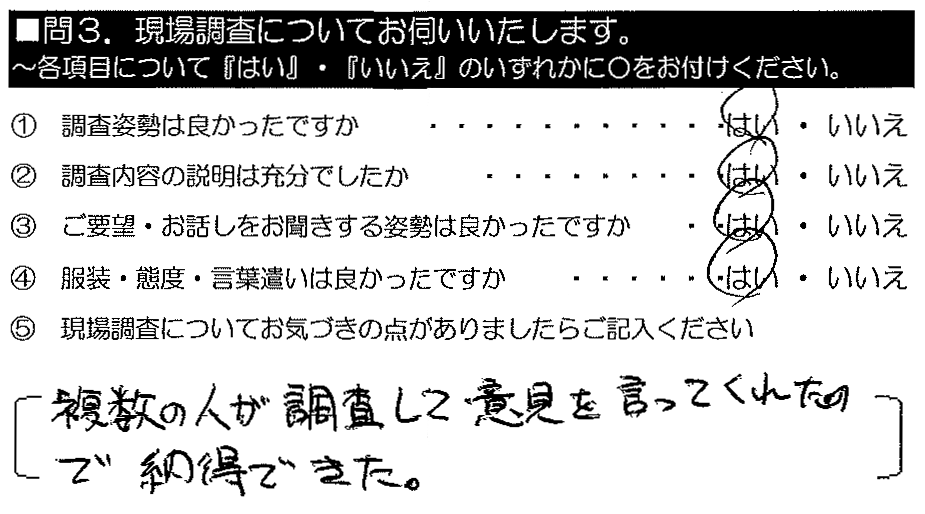 複数の人が調査して意見を言ってくれたので納得できた。