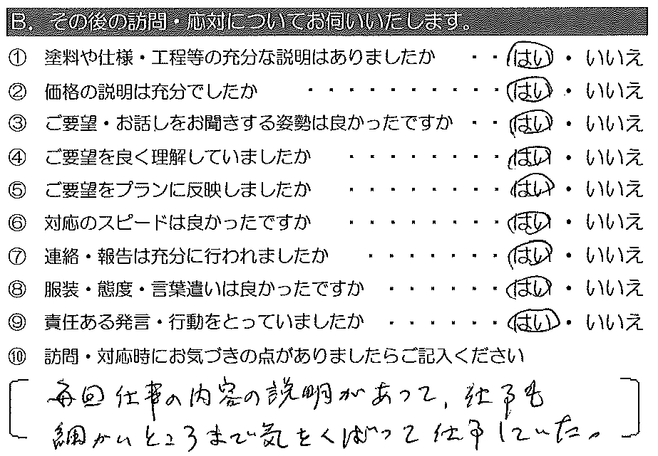 毎回仕事の内容の説明があって、仕事も細かいところまで気をくばって仕事していた。