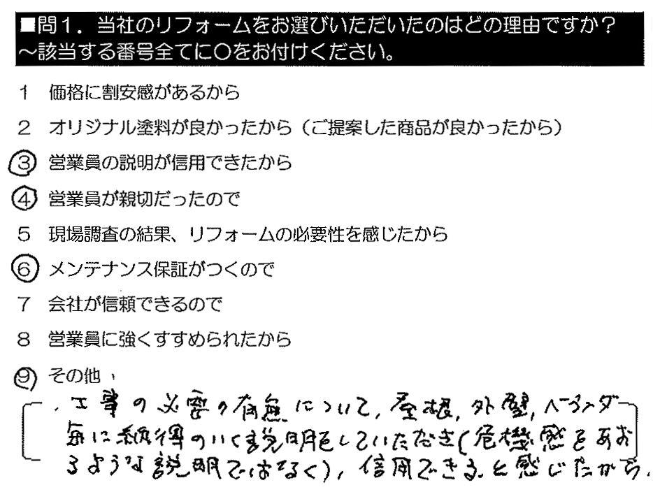 工事の必要の有無について、屋根・外壁・ベランダ毎に納得のいく説明をしていただき