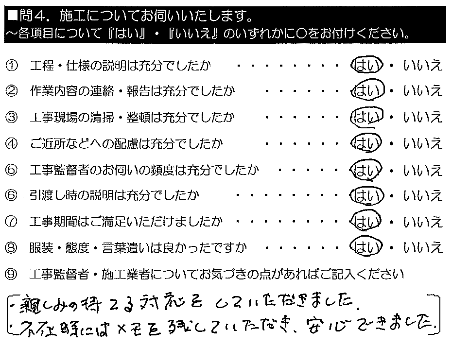 親しみの持てる対応をしていただきました。不在時にはメモを残していただき、安心できました。