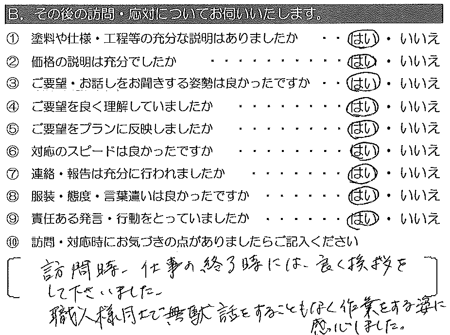 訪問時・仕事の終了時には良く挨拶をして下さいました。職人様同士で無駄話をすることもなく作業する姿に感心しました。