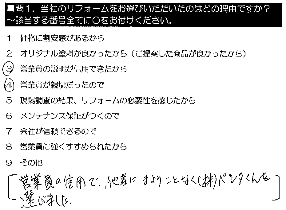 営業員の信用で、他社にまようことなく（株）ペンタくんを選びました。