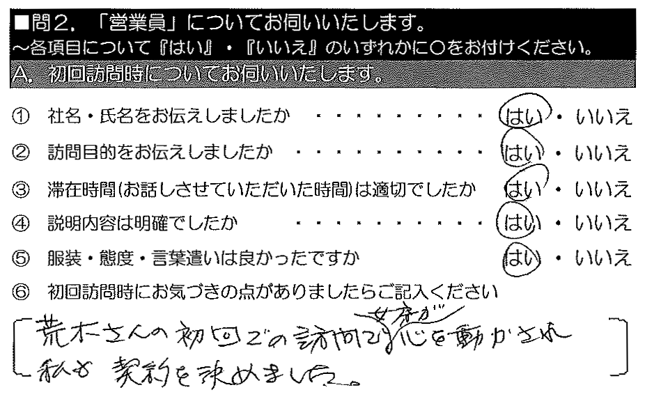 荒木さんの初回での訪問で女房が心を動かされ、私も契約を決めました。