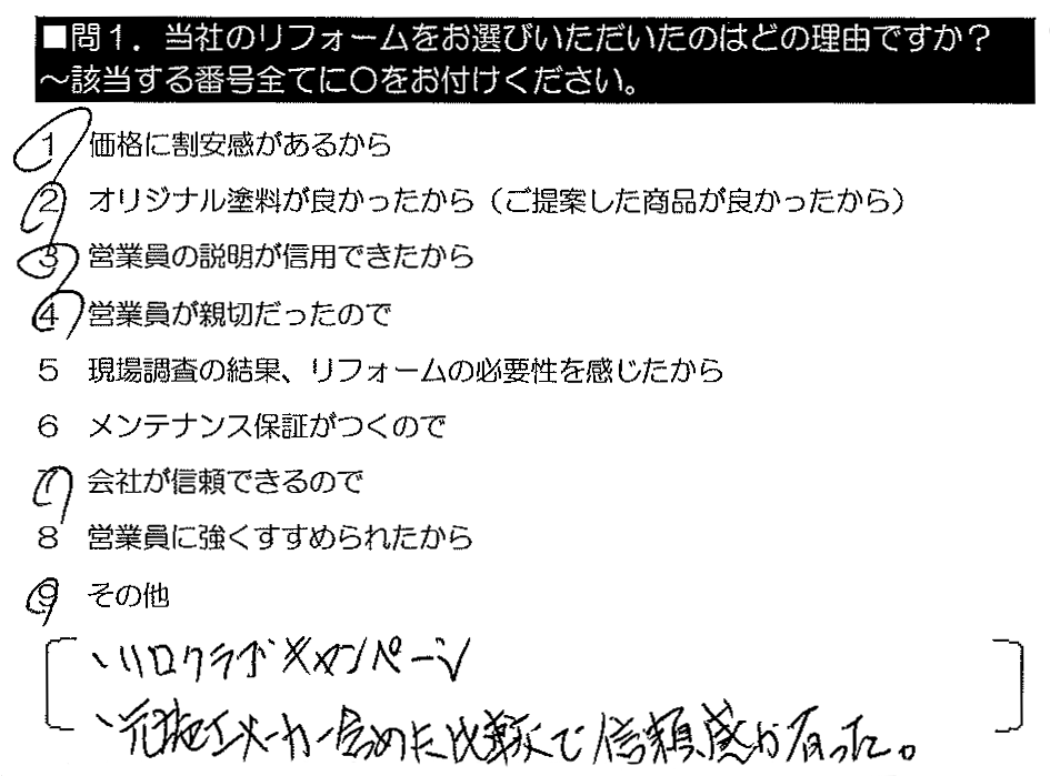 ・リロクラブキャンペーン　・元施工メーカー含めた比較で、信頼感があった。