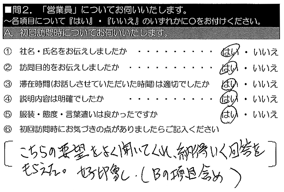 こちらの要望をよく聞いてくれ、納得いく回答をもらえた。好印象。