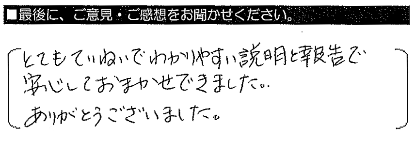 とてもていねいでわかりやすい説明と報告で安心しておまかせできました。ありがとうございました。