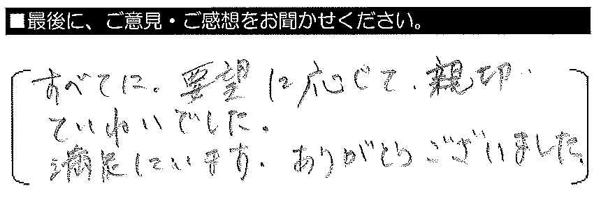 すべてに要望に応じて親切・ていねいでした。満足しています。ありがとうございました。