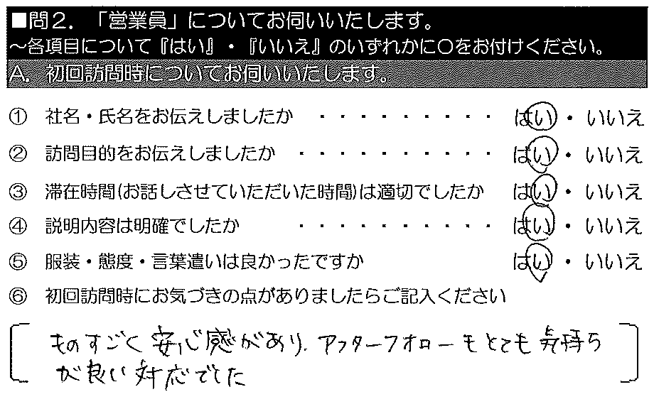 ものすごく安心感があり、アフターフォローもとても気持ちが良い対応でした。