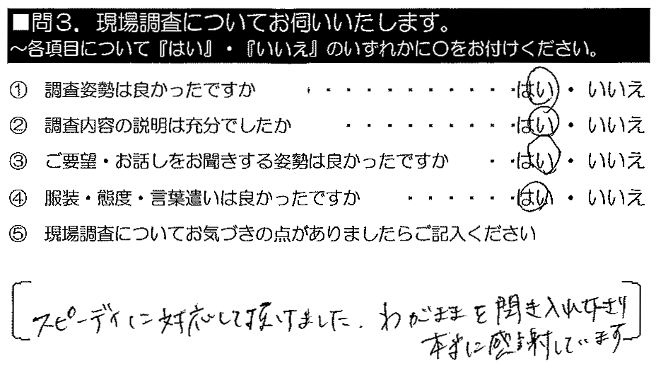 スピーディーに対応して頂けました。わがままを聞き入れてくださり、本当に感謝しています。