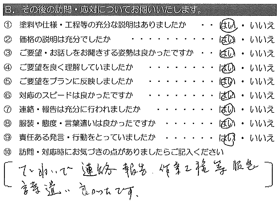 ていねいで、連絡・報告・作業工程等、服装・言葉づかい良かったです。