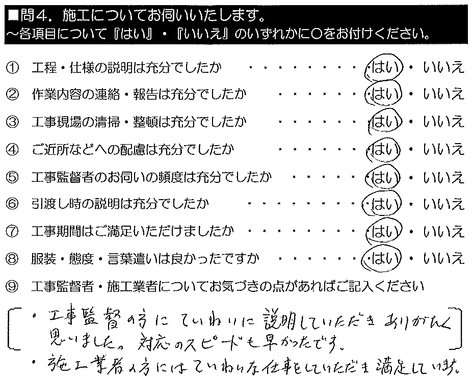 ①工事監督の方に丁寧に説明していただき、ありがたく思いました。対応のスピードも早かったです。