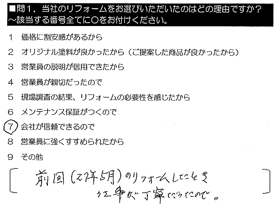 前回（27年5月）のリフォームをしたとき、仕事が丁寧だったので。