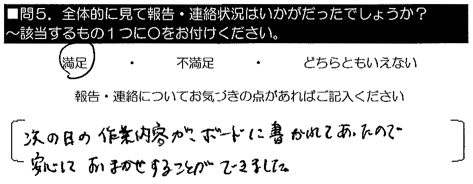 次の日の作業内容がボードに書かれてあったので、安心してお任せすることができました。