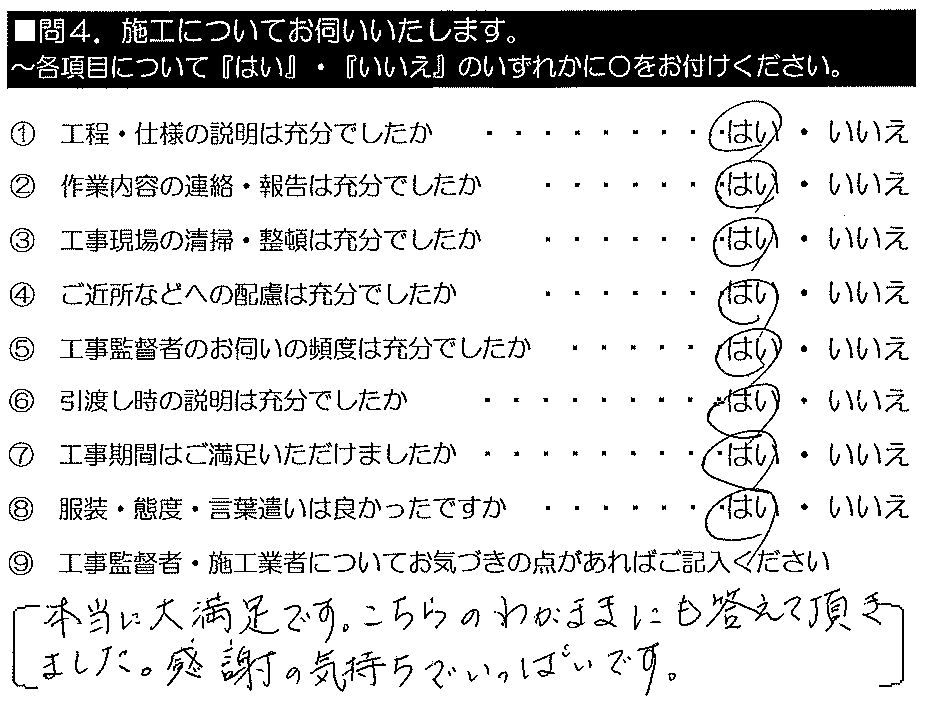 本当に大満足です。こちらのわがままにも応えて頂きました。感謝の気持ちでいっぱいです。