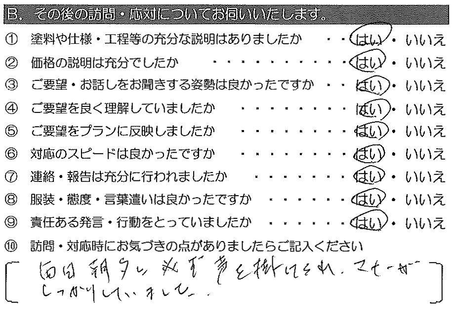 毎日朝夕に必ず声をかけてくれ、マナーがしっかりしていました。