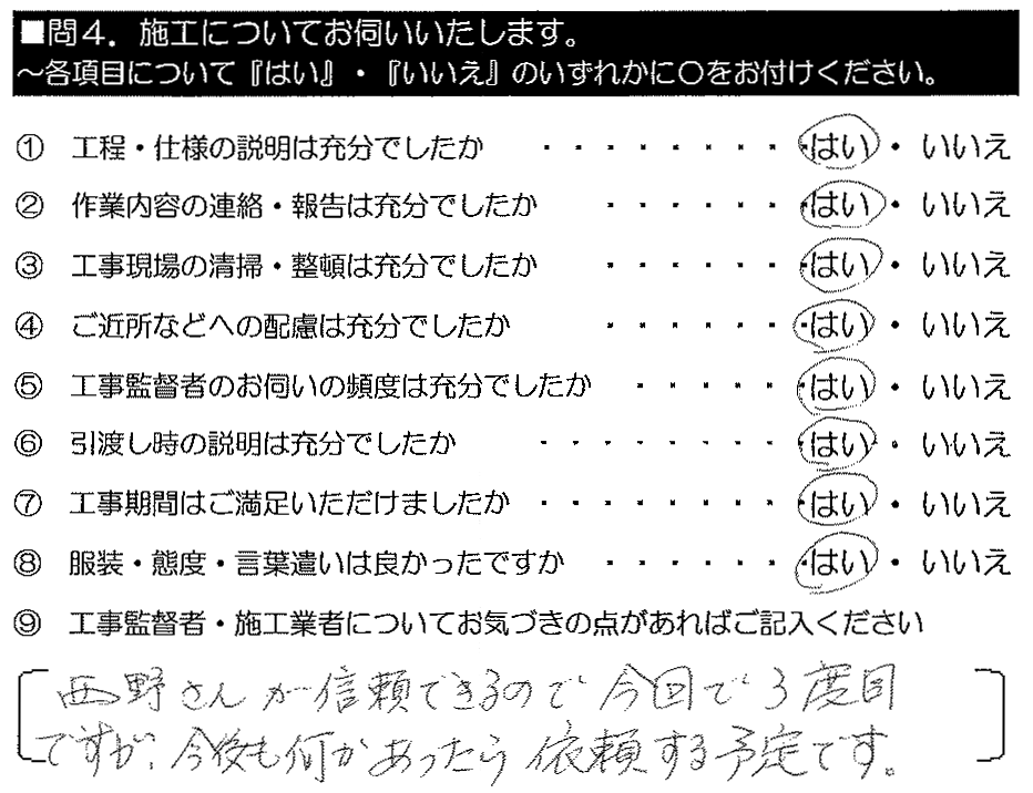 西野さんが信頼できるので今回で3度目ですが、今後も何かあったら依頼する予定です。