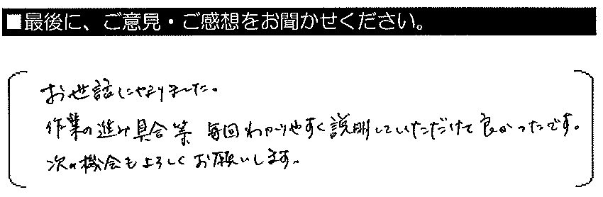 お世話になりました。作業の進み具合等、毎回わかりやすく説明していただけて良かったです。