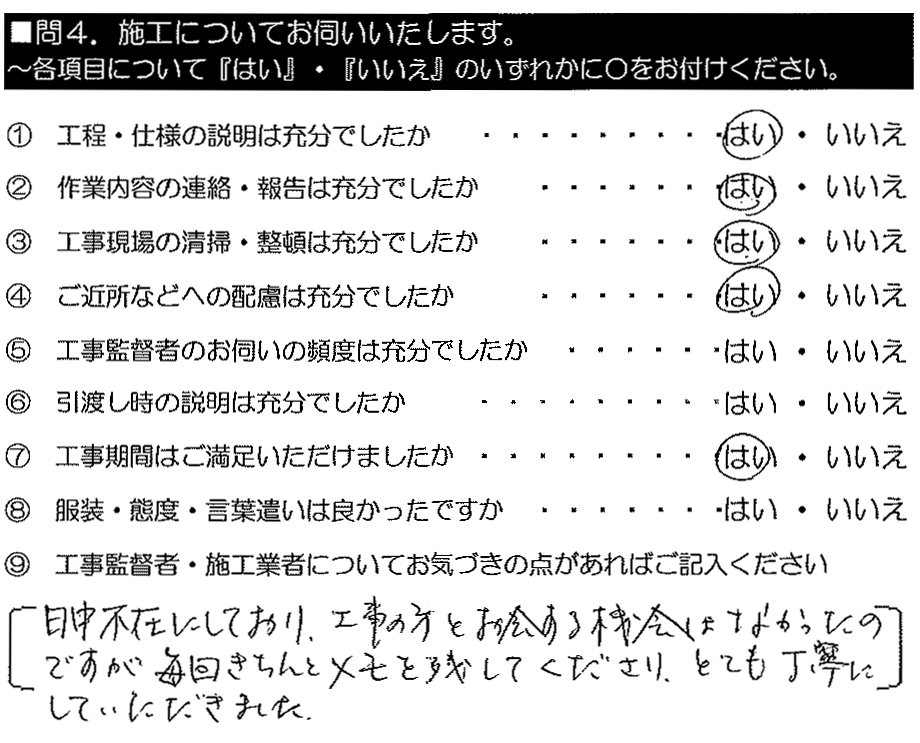 日中不在にしており、工事の方とお会いする機会はなかったのですが、