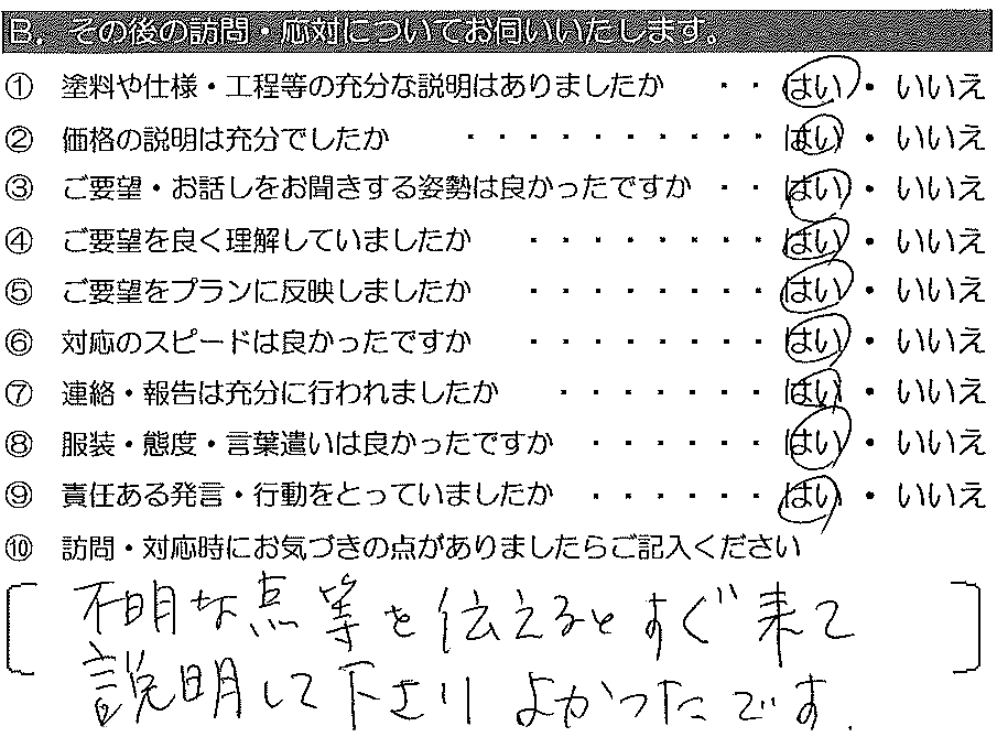 不明な点等を伝えると、すぐ来て説明して下さり良かったです。